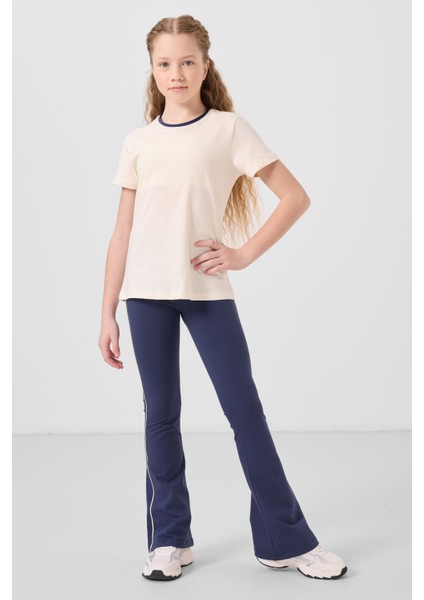 Ekru-Indigo Pamuklu O Yaka Standart Fit Basic Ispanyol Paça Kız Çocuk Tayt Takım - 75192