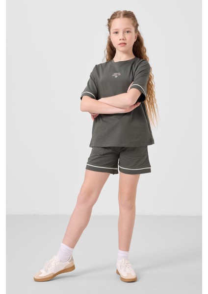 Haki Pamuklu Yumuşak Dokulu Standart Fit Basic Kız Çocuk Şort Takım - 75183