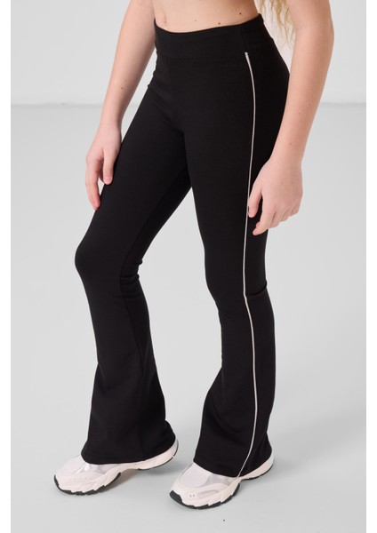 Taş-Siyah Pamuklu O Yaka Standart Fit Basic Ispanyol Paça Kız Çocuk Tayt Takım - 75192