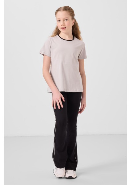 Taş-Siyah Pamuklu O Yaka Standart Fit Basic Ispanyol Paça Kız Çocuk Tayt Takım - 75192