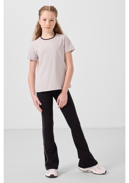 Taş-Siyah Pamuklu O Yaka Standart Fit Basic Ispanyol Paça Kız Çocuk Tayt Takım - 75192