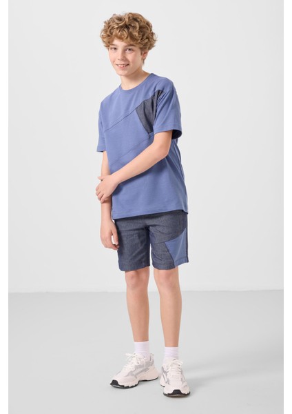Koyu Mavi-Kot Lacivert Pamuklu Oversize Fit Dokuma Hafif Esnek Chino Erkek Çocuk Şort Takım - 11275