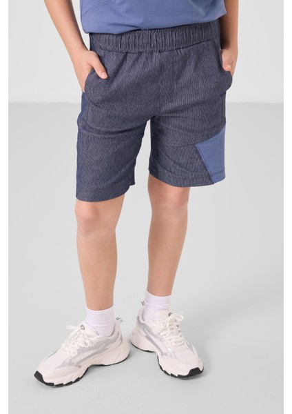 Koyu Mavi-Kot Lacivert Pamuklu Oversize Fit Dokuma Hafif Esnek Chino Erkek Çocuk Şort Takım - 11275