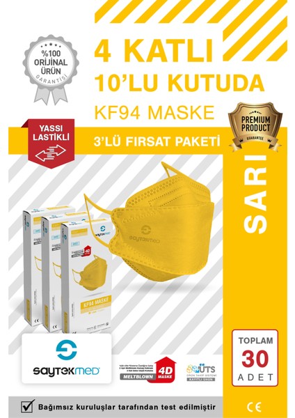 KF94 Kore Tipi, 4 Katlı, Sarı Maske, Tekli Paket, Uv Steril (3 Kutu/ 30 Adet)