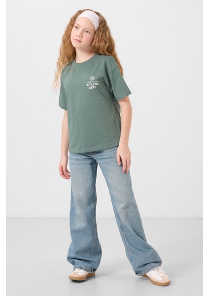 Açık Yeşil Pamuklu O Yaka Oversize Fit Baskılı Kız Çocuk T-Shirt - 75178