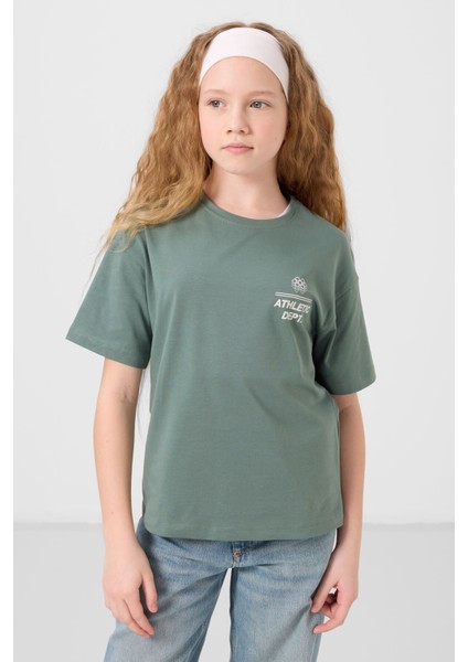 Açık Yeşil Pamuklu O Yaka Oversize Fit Baskılı Kız Çocuk T-Shirt - 75178