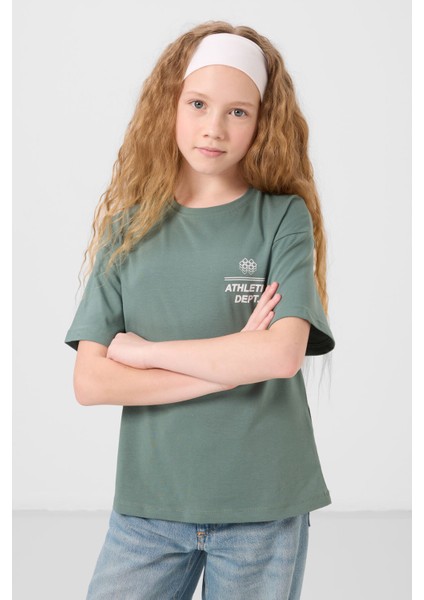 Açık Yeşil Pamuklu O Yaka Oversize Fit Baskılı Kız Çocuk T-Shirt - 75178