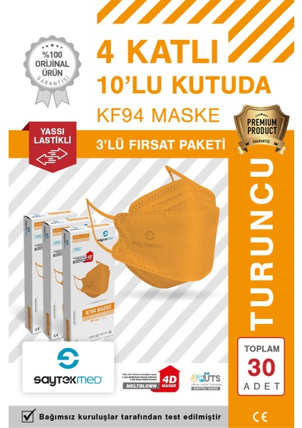 KF94 Kore Tipi, 4 Katlı, Turuncu Maske, Tekli Paket, Uv Steril (3 Kutu/ 30 Adet)