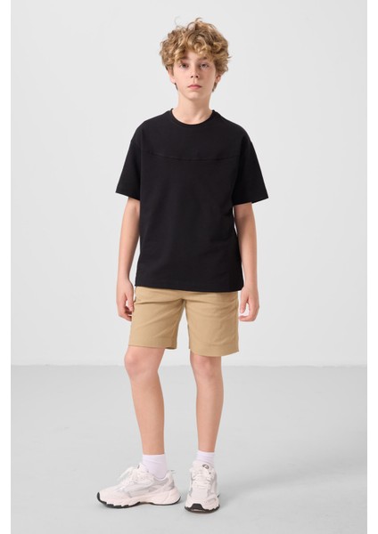 Siyah-Koyu Bej Pamuklu Oversize Fit Dokuma Hafif Esnek Chino Erkek Çocuk Şort Takım - 11279 indirimleri