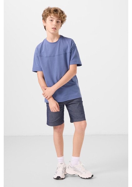 Koyu Mavi-Kot Lacivert Pamuklu Oversize Fit Dokuma Hafif Esnek Chino Erkek Çocuk Şort Takım - 11279