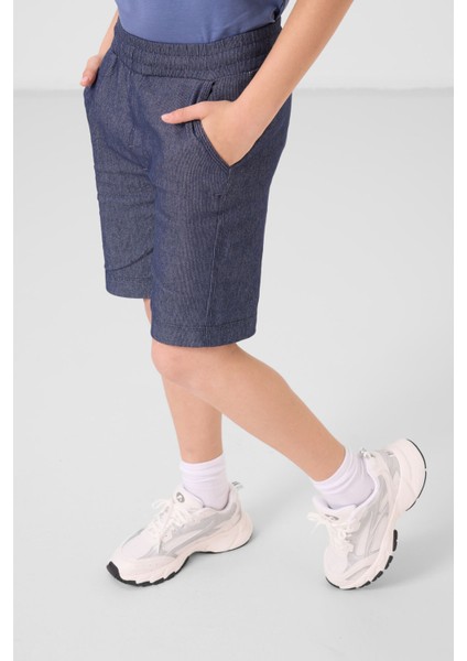 Koyu Mavi-Kot Lacivert Pamuklu Oversize Fit Dokuma Hafif Esnek Chino Erkek Çocuk Şort Takım - 11279