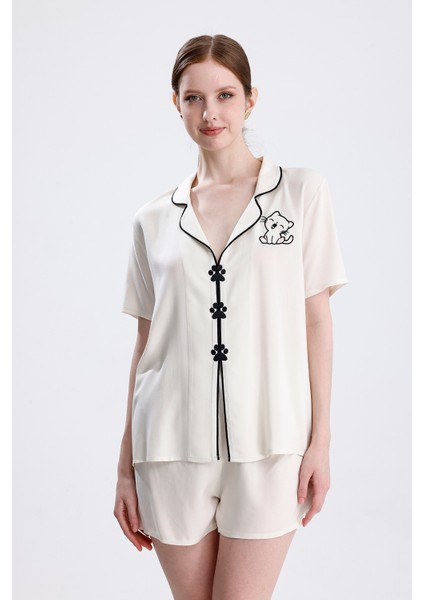 Kadın Kısa Kol Şortlu Kedi Desenli Nakışlı Pijama Takımı