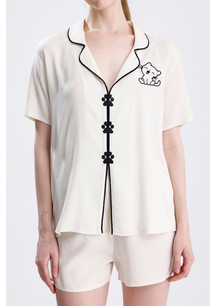 Kadın Kısa Kol Şortlu Kedi Desenli Nakışlı Pijama Takımı fırsatları
