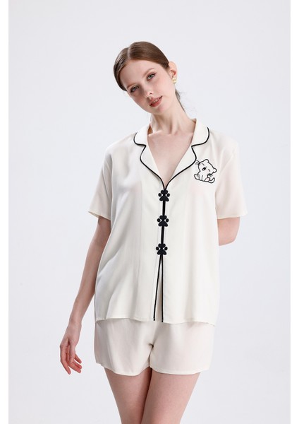 Kadın Kısa Kol Şortlu Kedi Desenli Nakışlı Pijama Takımı fiyatları