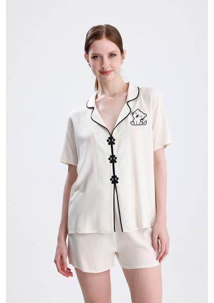 Kadın Kısa Kol Şortlu Kedi Desenli Nakışlı Pijama Takımı modelleri