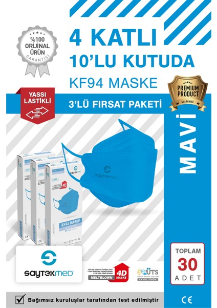 KF94 Kore Tipi, 4 Katlı, Mavi Maske, Tekli Paket, Uv Steril (3 Kutu/ 30 Adet)