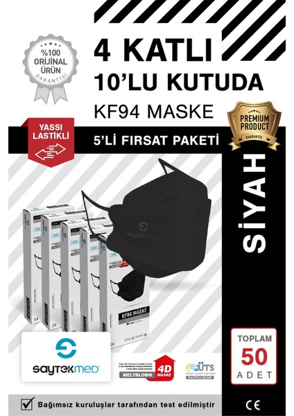 KF94 Kore Tipi, 4 Katlı, Siyah Maske, Tekli Paket, Uv Steril (5 Kutu/ 50 Adet)