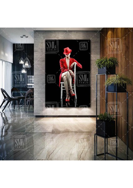 Kırmızı Elbiseli Sandelye Üzerinde Oturan Kadın Dikey Kanvas Tablo
