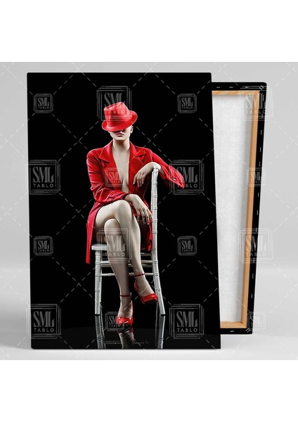 Kırmızı Elbiseli Sandelye Üzerinde Oturan Kadın Dikey Kanvas Tablo fiyatları