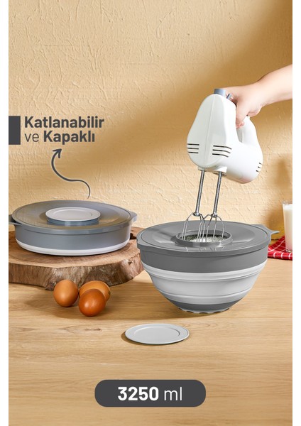 Katlanır Akordiyon Sıçramayı Önleyici Kapaklı Mikser Karıştırma Kabı 3250 ml