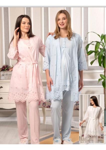 5816 Pembe Vual Penye Hamile Lohusa 3 Lü Pijama Sabahlık Tk modelleri