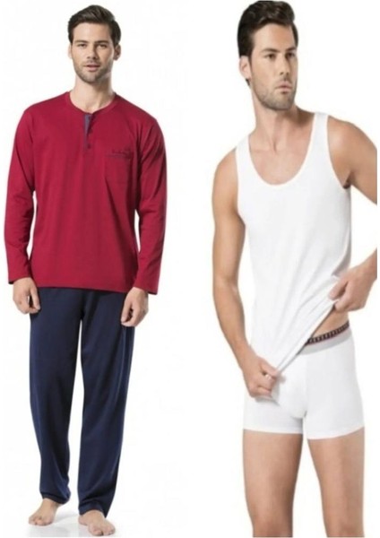 5454 Bordo Penye Uzun Kol Pijama Atlet Boxer Çeyiz Pijama Takım modelleri