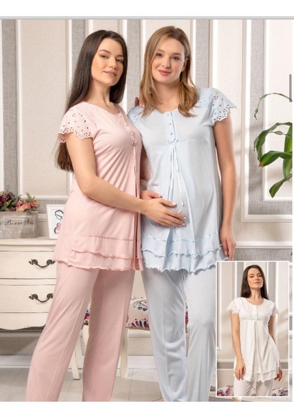 5816 Ekru Vual Penye Hamile Lohusa 3 Lü Pijama Sabahlık Tk fiyatları