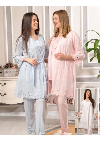 5814 Pembe Vual Penye Hamile Lohusa 3 Lü Pijama Sabahlık Tk modelleri