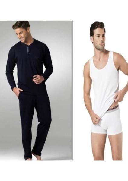 5454 Lacivert Penye Uzun Kol Pijama Atlet Boxer Çeyiz Pijama Takımı modelleri