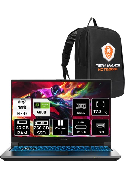 Defender P50I Intel Core I7 12650H 40GB 256GB SSD RTX4060/8GB 17.3" Fhd 144Hz Windows 11 Home Taşınabilir Bilgisayar & Per4 Çanta MD62643P386