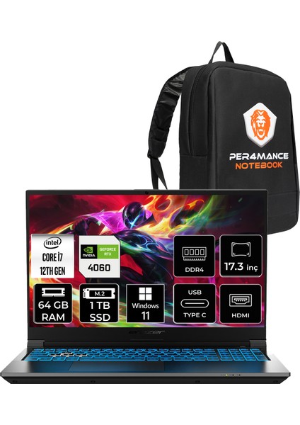 Defender P50I Intel Core I7 12650H 64GB 1tb SSD RTX4060/8GB 17.3" Fhd 144Hz Windows 11 Home Taşınabilir Bilgisayar & Per4 Çanta MD62643P398