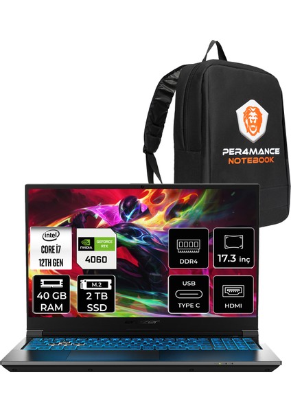 Defender P50I Intel Core I7 12650H 40GB 2tb SSD RTX4060/8GB 17.3" Fhd 144Hz Freedos Taşınabilir Bilgisayar & Per4 Çanta MD62643P339