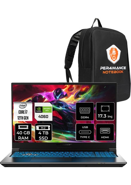 Defender P50I Intel Core I7 12650H 40GB 4tb SSD RTX4060/8GB 17.3" Fhd 144Hz Freedos Taşınabilir Bilgisayar & Per4 Çanta MD62643P340