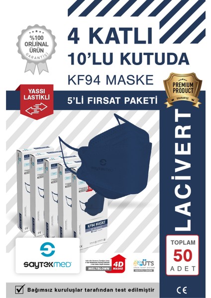 KF94 Kore Tipi, 4 Katlı, Lacivert Maske, Tekli Paket, Uv Steril (5 Kutu/ 50 Adet)