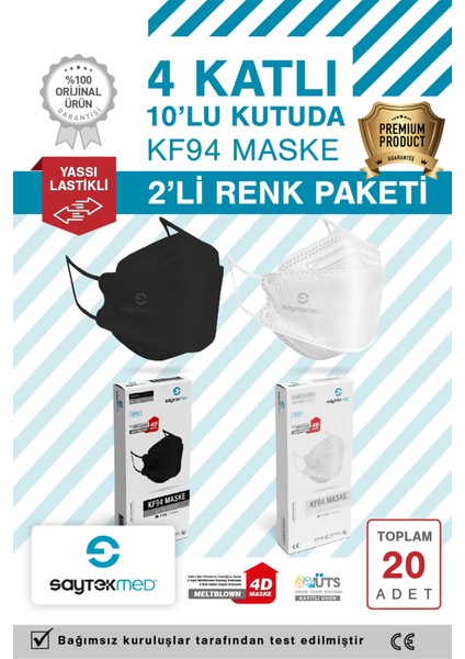 KF94 Kore Tipi, 4 Katlı, 20 Adet Beyaz ve Siyah Maske, Tekli Paket, Uv Steril (2 Kutu/20 Adet)