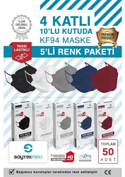 KF94 Kore Tipi, 4 Katlı, 5 Farklı Renk, Uv Steril Paketli (50 Adet/5 Kutu)