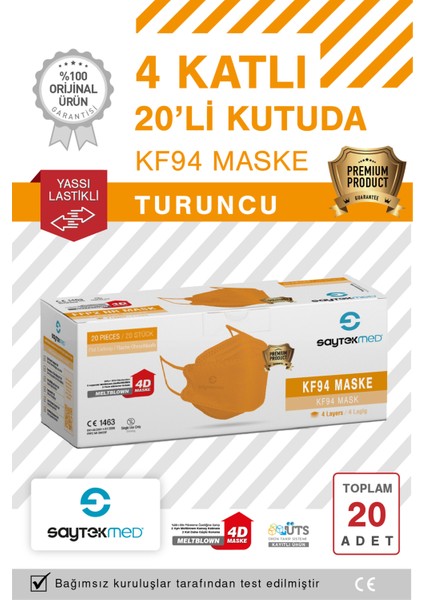 KF94 Kore Tipi, 4 Katlı, Turuncu Maske, Tekli Paket, Uv Steril (1 Kutu/ 20 Adet)