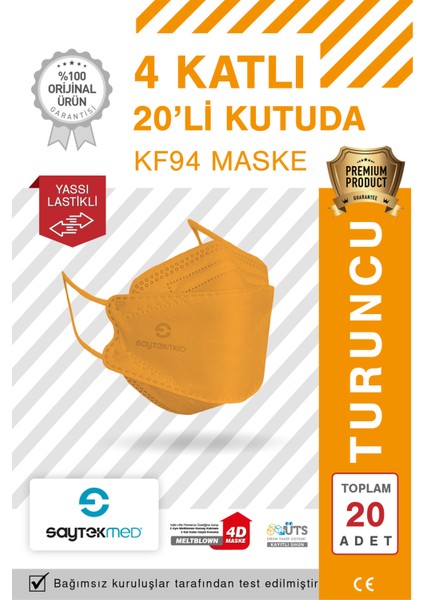 KF94 Kore Tipi, 4 Katlı, Turuncu Maske, Tekli Paket, Uv Steril (1 Kutu/ 20 Adet)