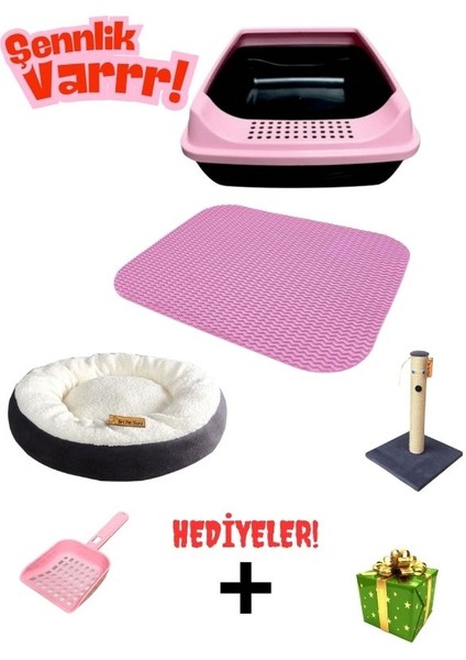 Açık Kedi Tuvaleti + Paspas + Yatak + Tırmalama + Kedi Seti -Kürek +Sürpriz Hediye-