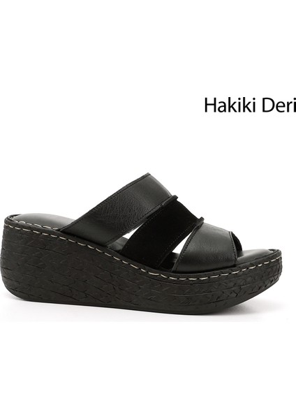 Kadın Siyah Hakiki Deri Dolgu Tabanlı Terlik