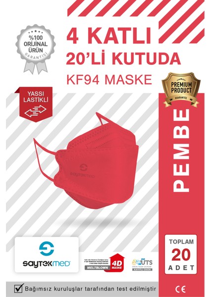 KF94 Kore Tipi, 4 Katlı, Pembe Maske, Tekli Paket, Uv Steril (1 Kutu/ 20 Adet)