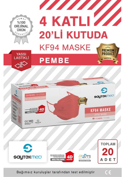 KF94 Kore Tipi, 4 Katlı, Pembe Maske, Tekli Paket, Uv Steril (1 Kutu/ 20 Adet)