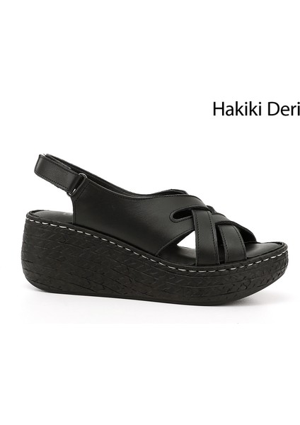 Kadın Siyah Cırt Bantlı Hakiki Deri Dolgu Tabanlı Sandalet