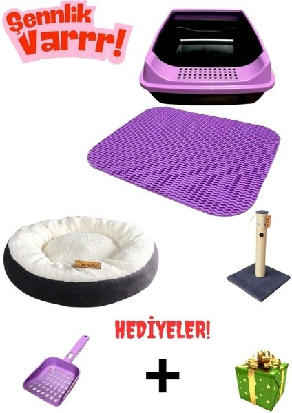Açık Kedi Tuvaleti + Paspas + Yatak + Tırmalama + Kedi Seti -Kürek +Sürpriz Hediye-