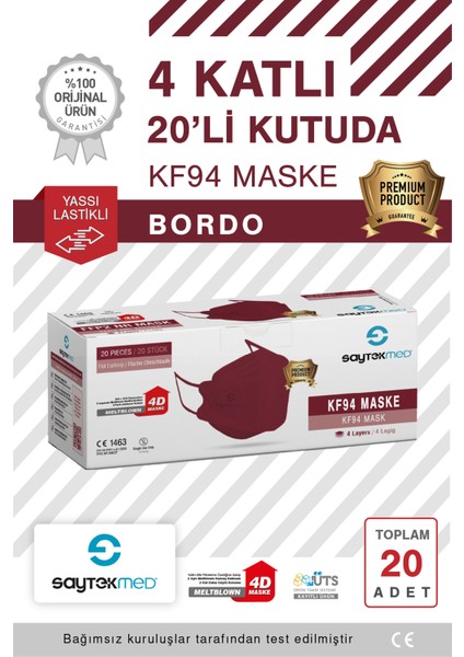 KF94 Kore Tipi, 4 Katlı, Bordo Maske, Tekli Paket, Uv Steril (1 Kutu/ 20 Adet)