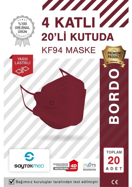 KF94 Kore Tipi, 4 Katlı, Bordo Maske, Tekli Paket, Uv Steril (1 Kutu/ 20 Adet)