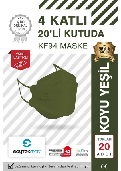 KF94 Kore Tipi, 4 Katlı, Haki Maske, Tekli Paket, Uv Steril (1 Kutu/ 20 Adet)