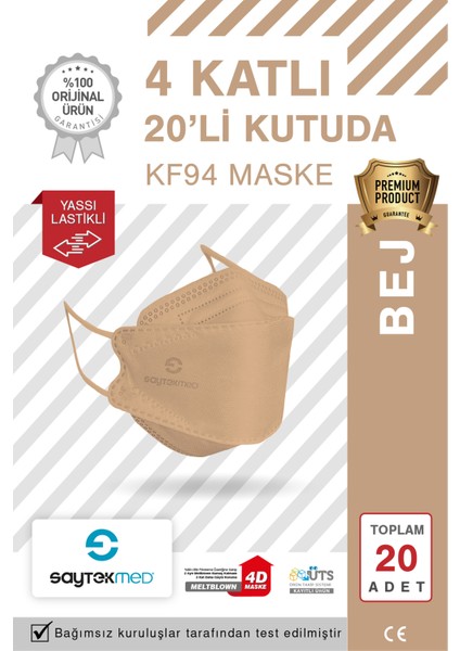 KF94 Kore Tipi, 4 Katlı, Bej Maske, Tekli Paket, Uv Steril (1 Kutu/ 20 Adet)