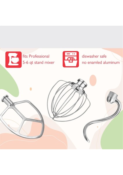 Kitchenaid 5.5-6 Qt Kase Kaldırmalı Stand Mikseri Için Paslanmaz Çelik Aksesuarlar, 6 Tel Çırpma Teli, Çırpıcı, Hamur Kancası Dahil (Yurt Dışından)