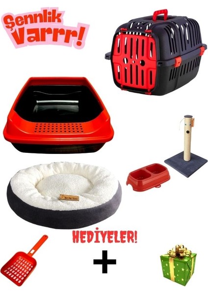 Açık Kedi Tuvaleti Taşıma Çantası Tırmalama Simit Yatak Mama Kabı Kedi Başlangıç Seti Kürek +Sürpriz Hediye-